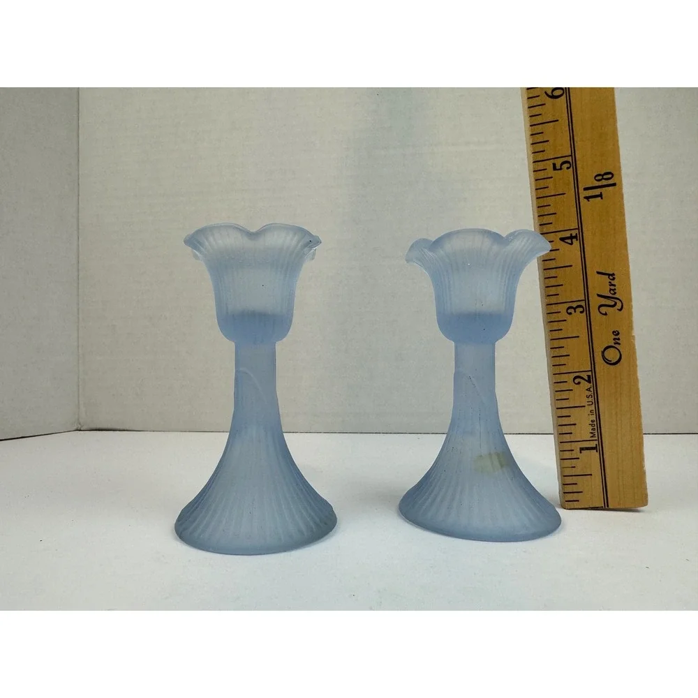 Vintage Frosted Blue Glass Tulip Candlestick Holders Ribbed Pair Set of 2 FLAW